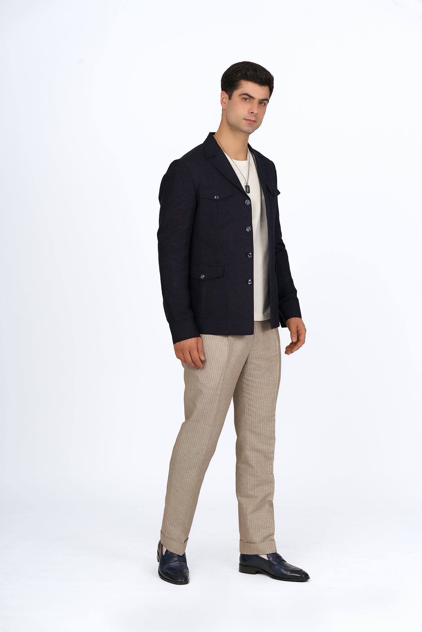 Midnight Blue Linen Utility Overshirt