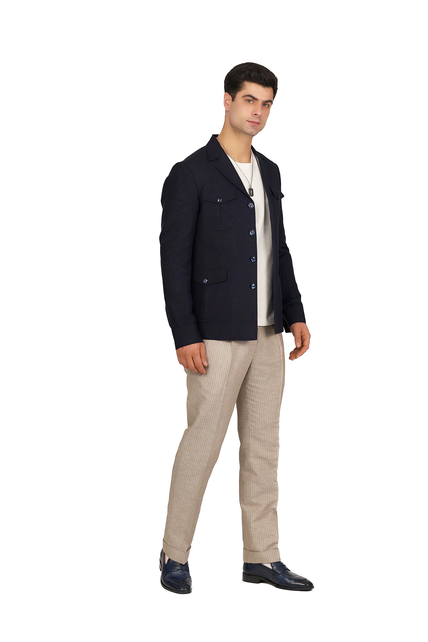 Midnight Blue Linen Utility Overshirt