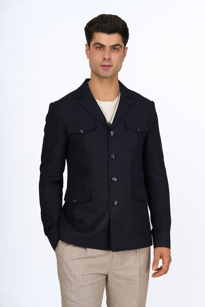 Midnight Blue Linen Utility Overshirt