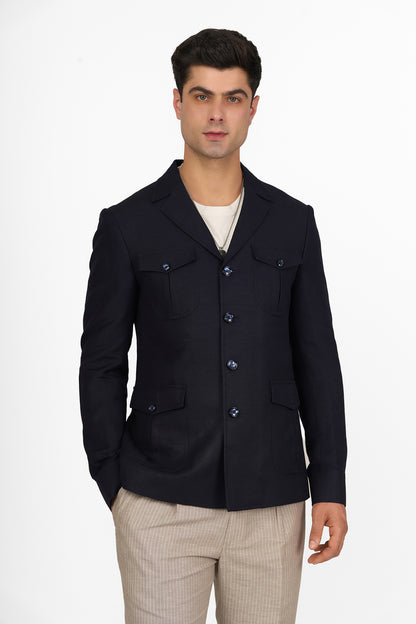 Midnight Blue Linen Utility Overshirt