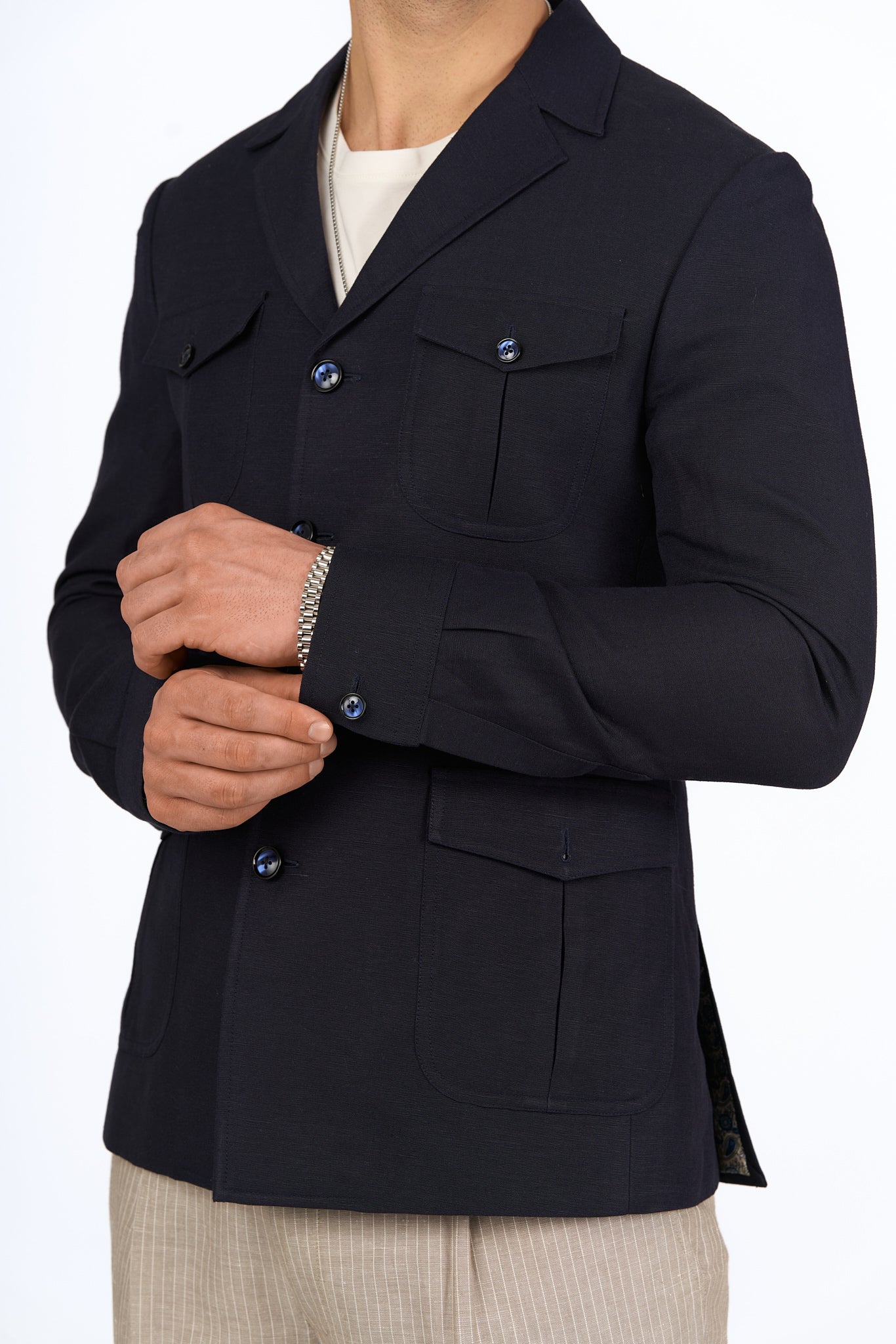 Midnight Blue Linen Utility Overshirt