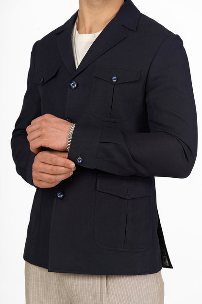 Midnight Blue Linen Utility Overshirt