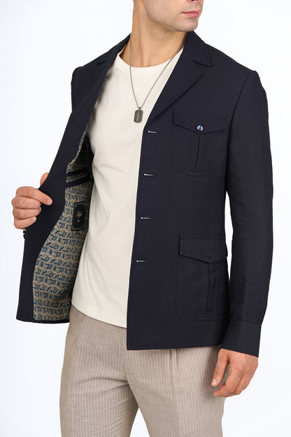 Midnight Blue Linen Utility Overshirt