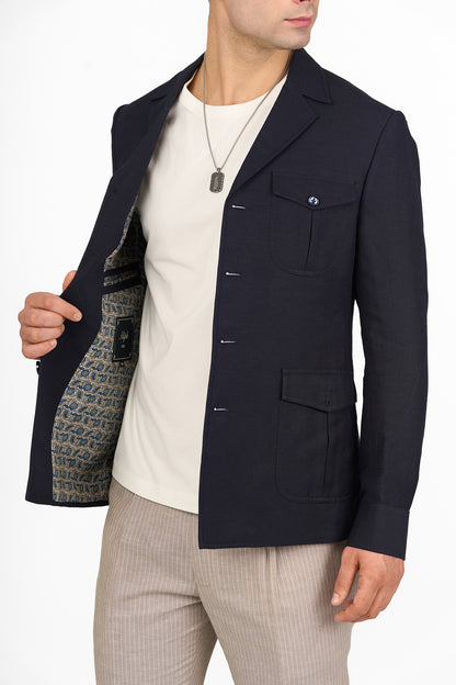 Midnight Blue Linen Utility Overshirt