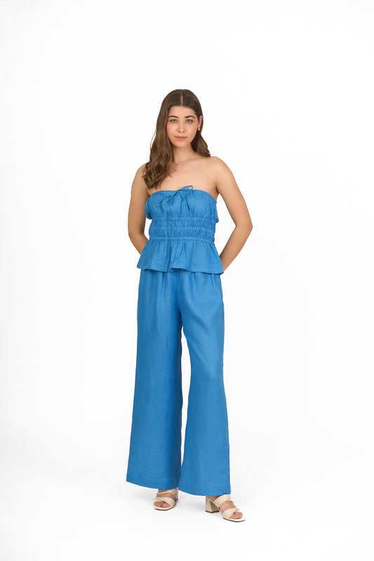 Sky Blue Strapless Smocked Linen Top