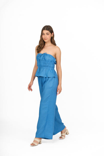 Sky Blue Strapless Smocked Linen Top