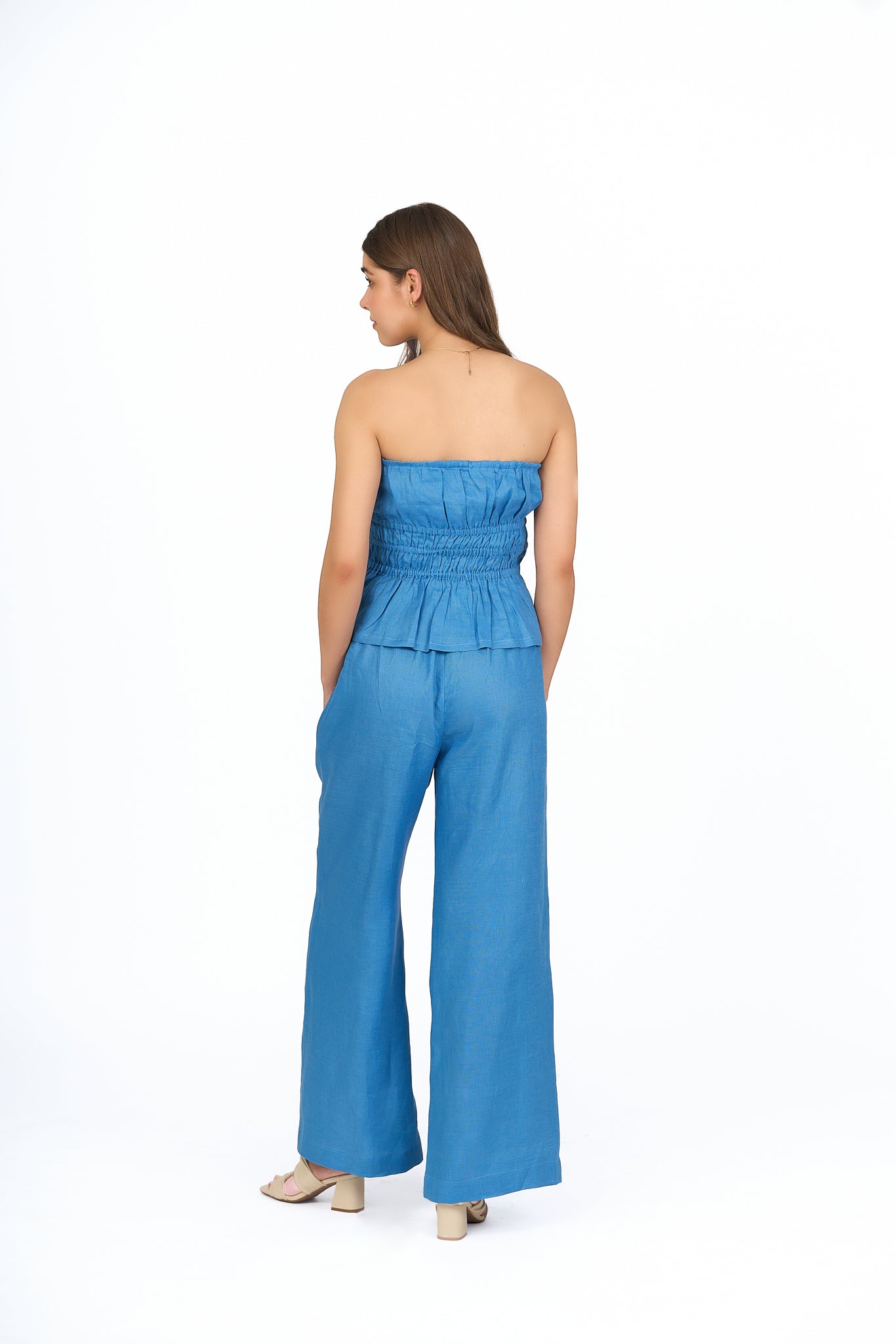 Sky Blue High-Waisted Wide-Leg Linen Trousers