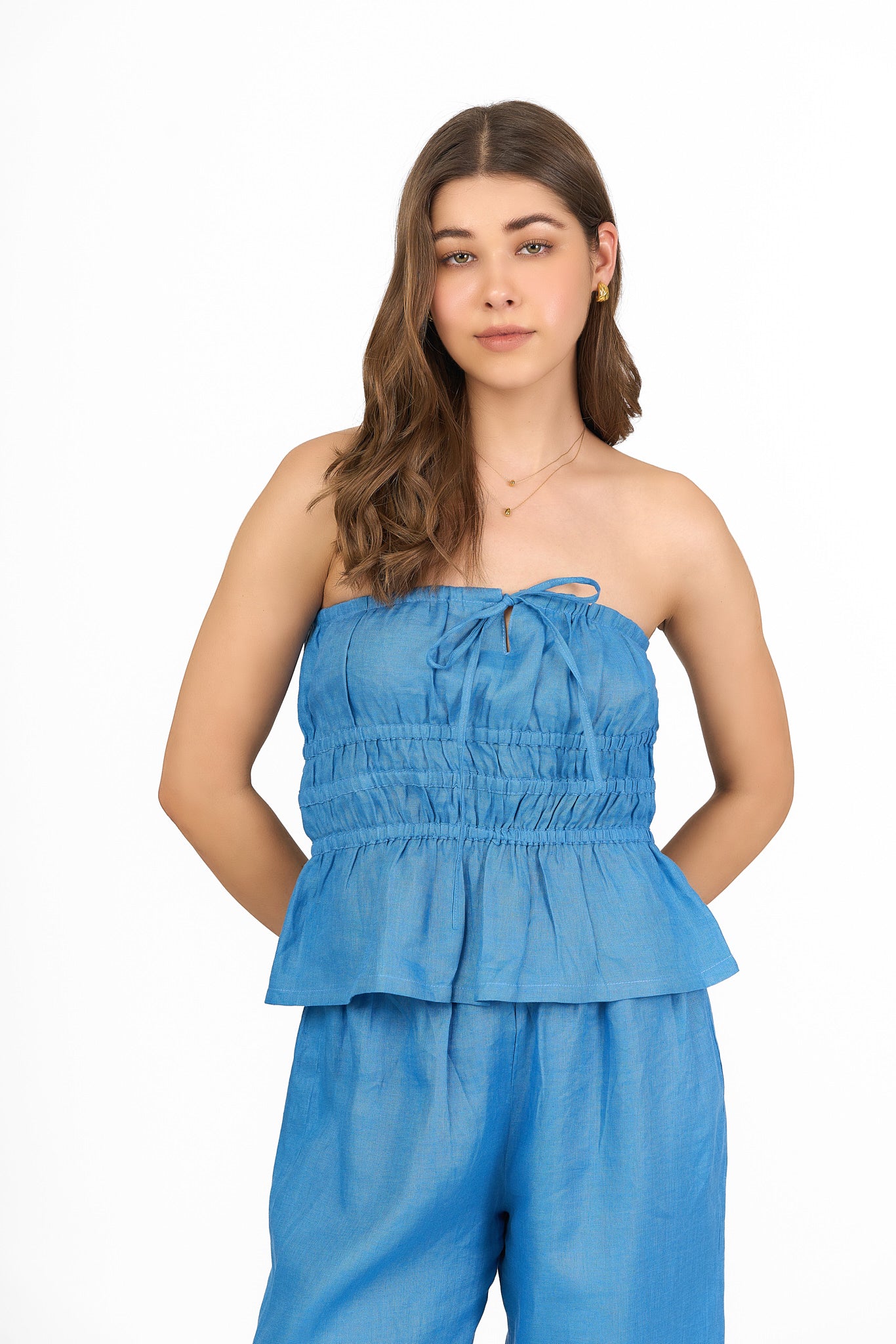 Sky Blue Strapless Smocked Linen Top