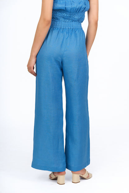 Sky Blue High-Waisted Wide-Leg Linen Trousers