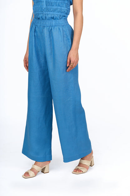 Sky Blue High-Waisted Wide-Leg Linen Trousers