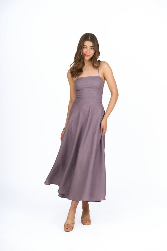 Plum Check Multi Strap Back Linen Dress