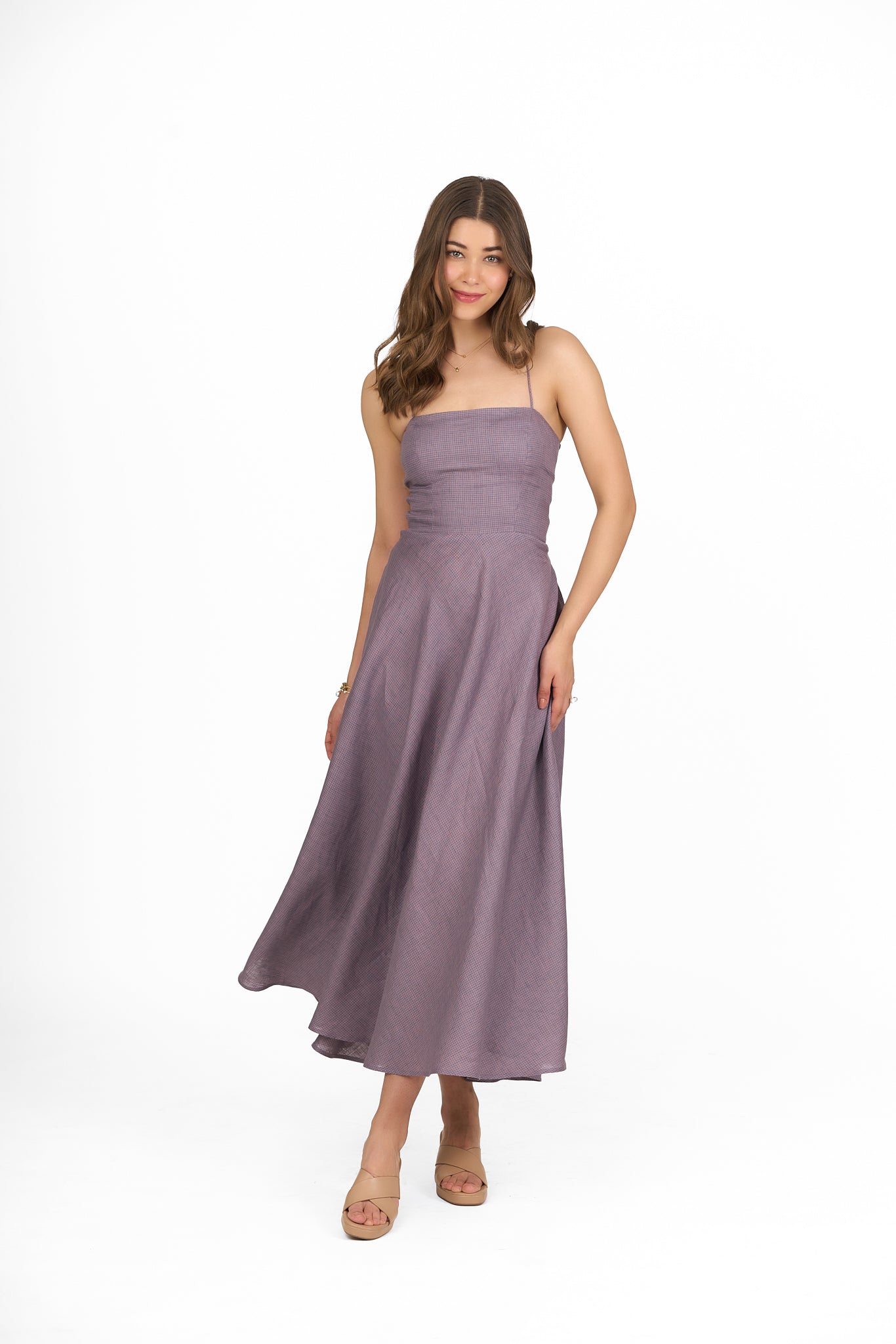 Plum Check Multi Strap Back Linen Dress