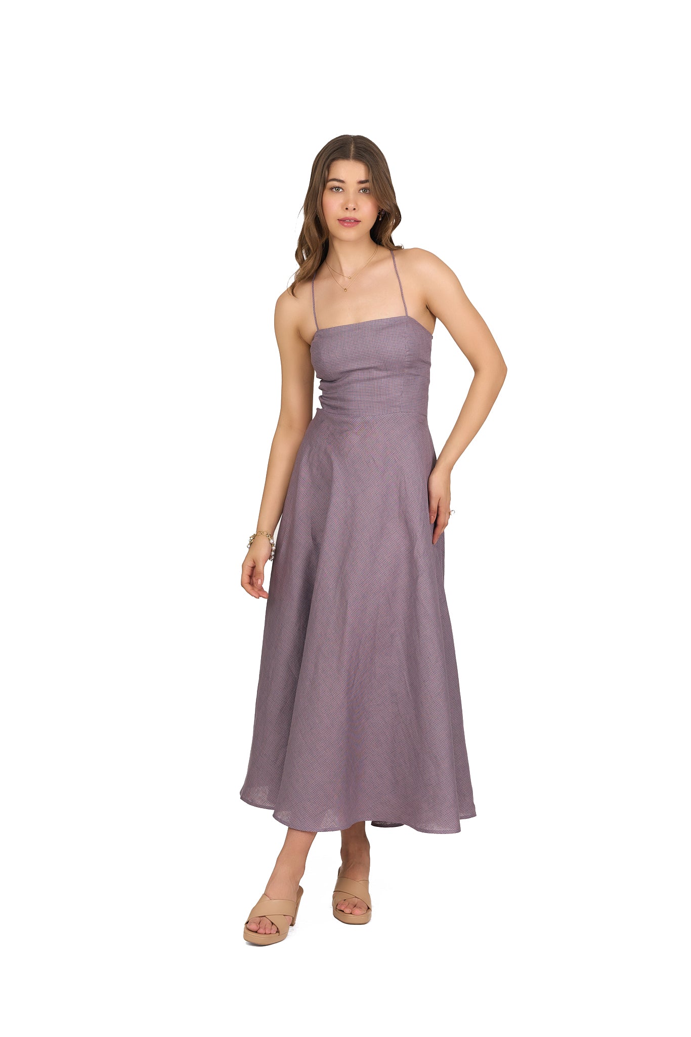 Plum Check Multi Strap Back Linen Dress