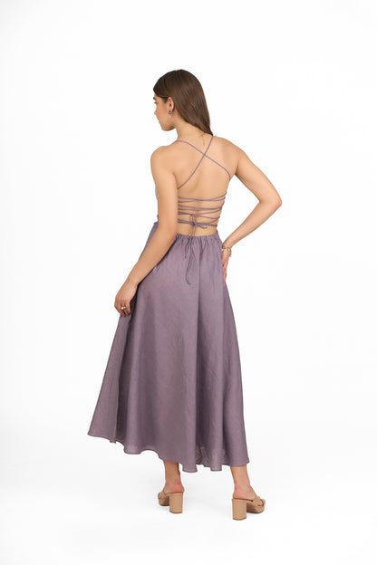 Plum Check Multi Strap Back Linen Dress