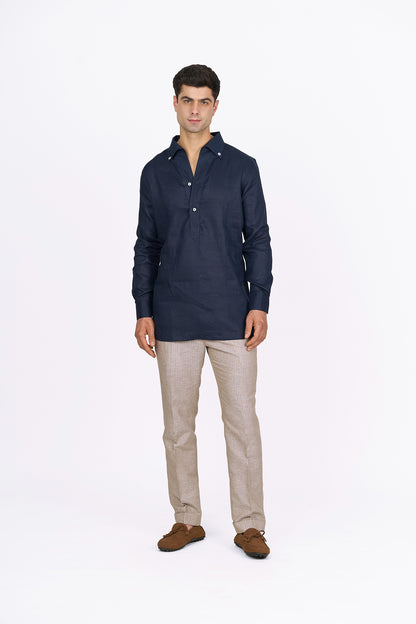 Midnight Blue Linen Half-Placket Shirt