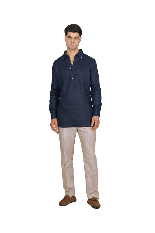 Midnight Blue Linen Half-Placket Shirt