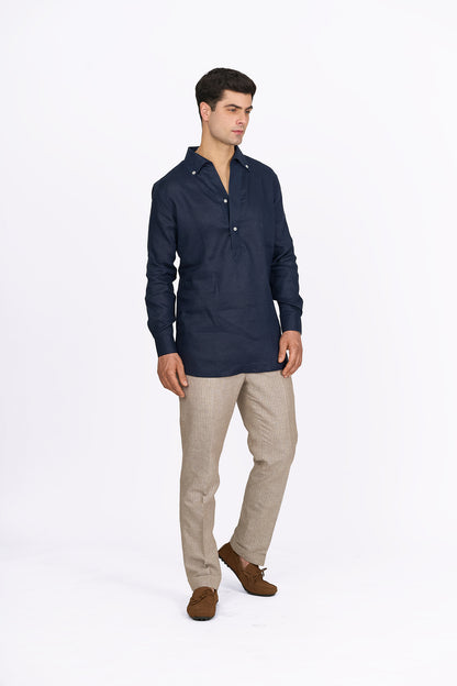 Midnight Blue Linen Half-Placket Shirt