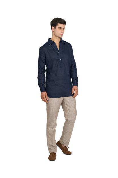 Midnight Blue Linen Half-Placket Shirt