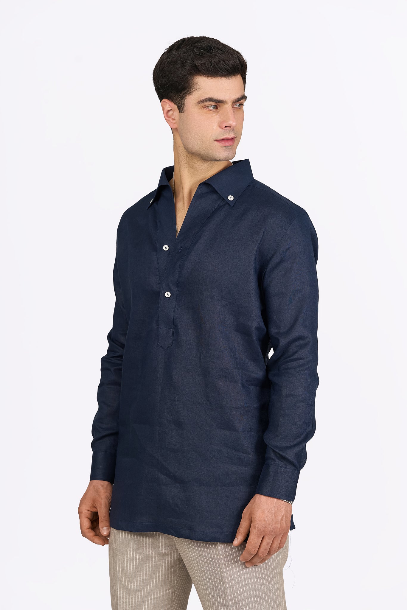 Midnight Blue Linen Half-Placket Shirt