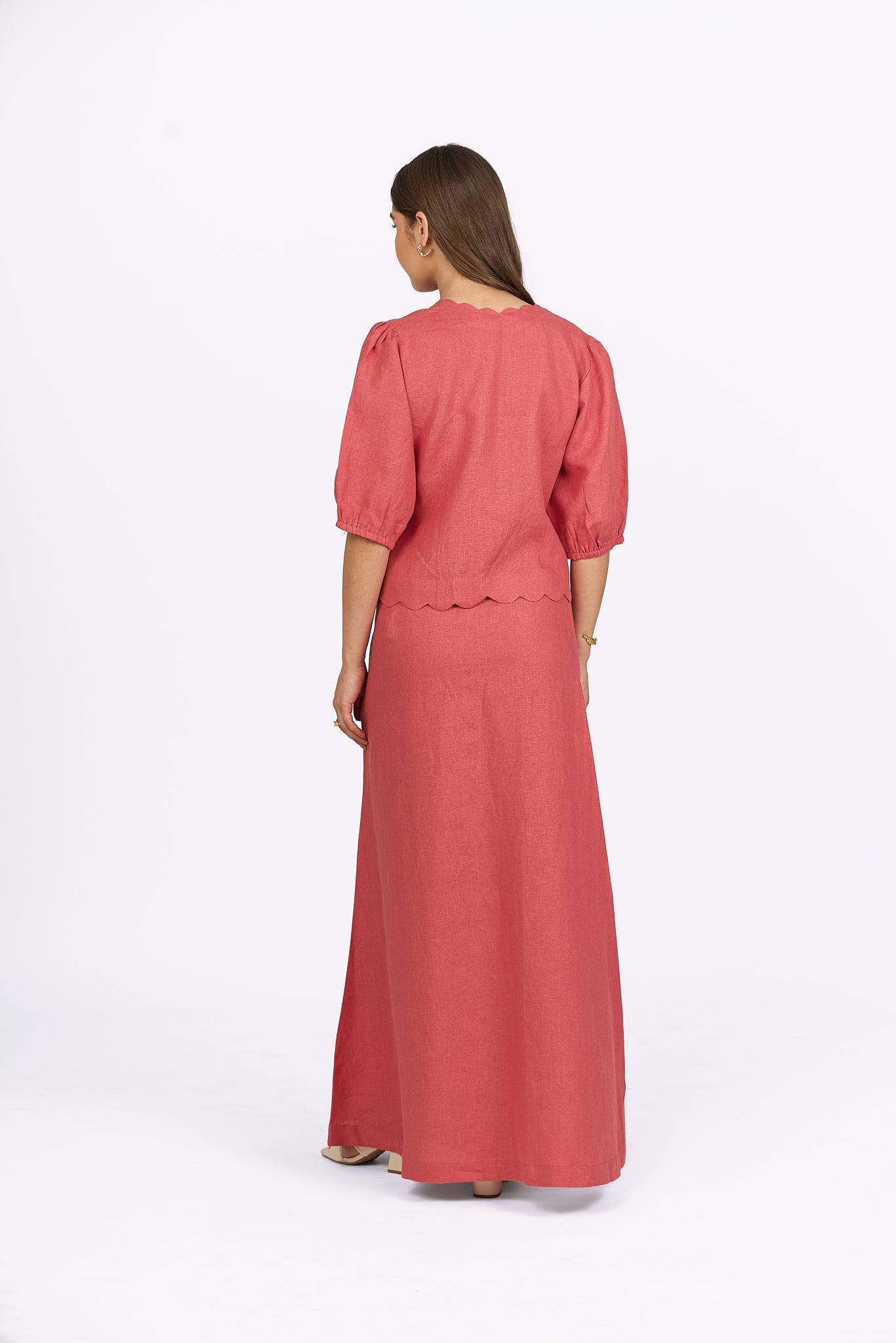 Coral Fit And Flare Linen Maxi Skirt