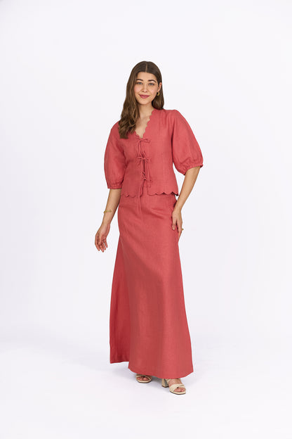 Coral Fit And Flare Linen Maxi Skirt