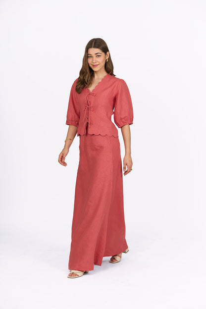 Coral Fit And Flare Linen Maxi Skirt