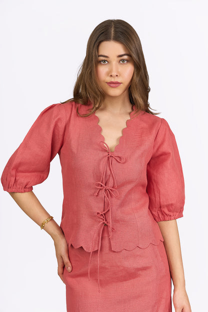 Coral Scalloped Linen Top