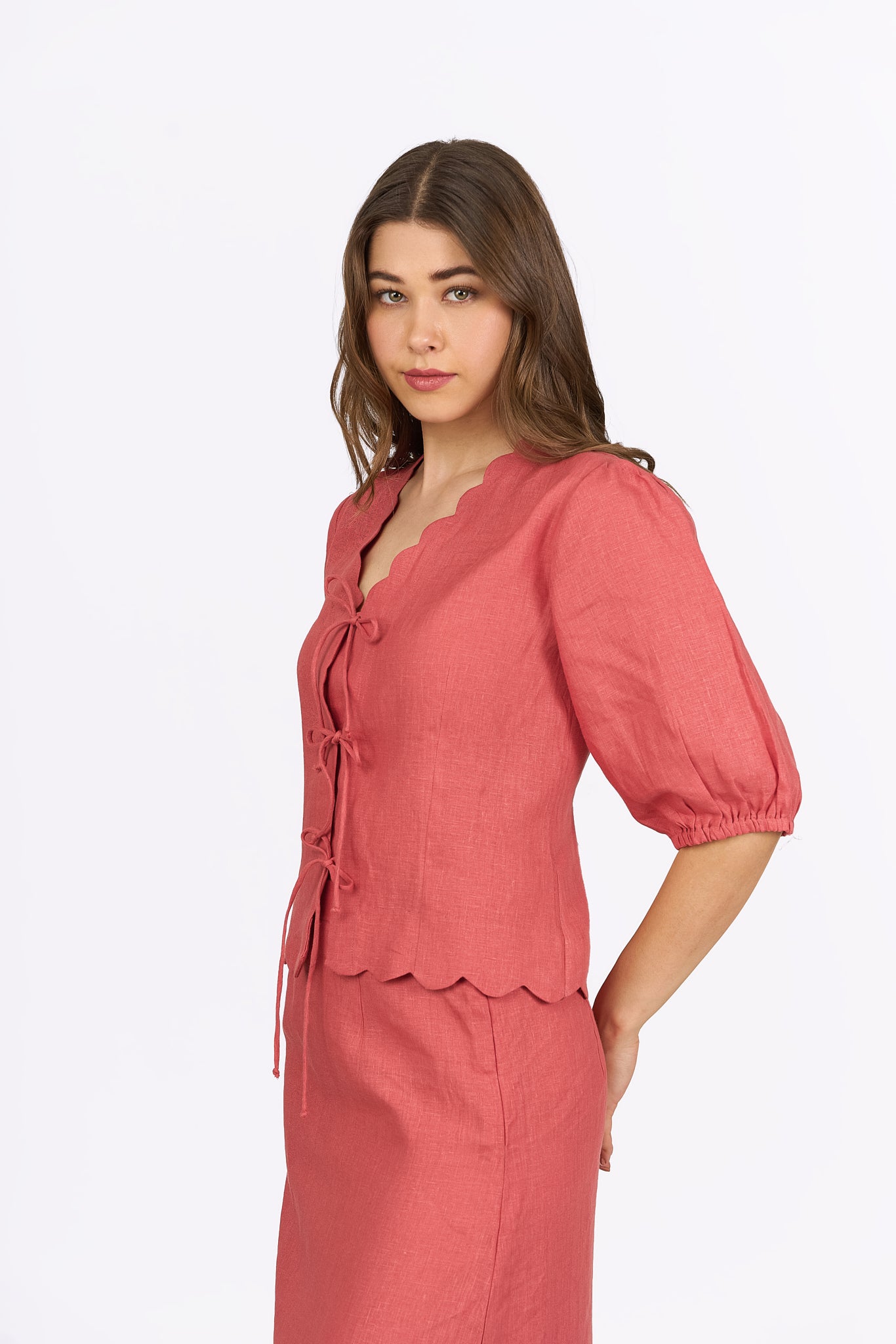 Coral Scalloped Linen Top