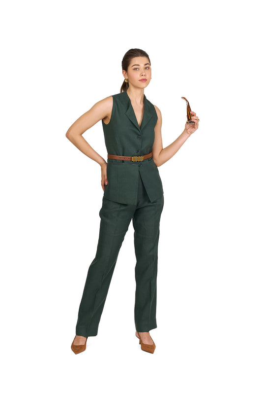 Forest Green Sleeveless Turned Lapel Linen Co ord Set