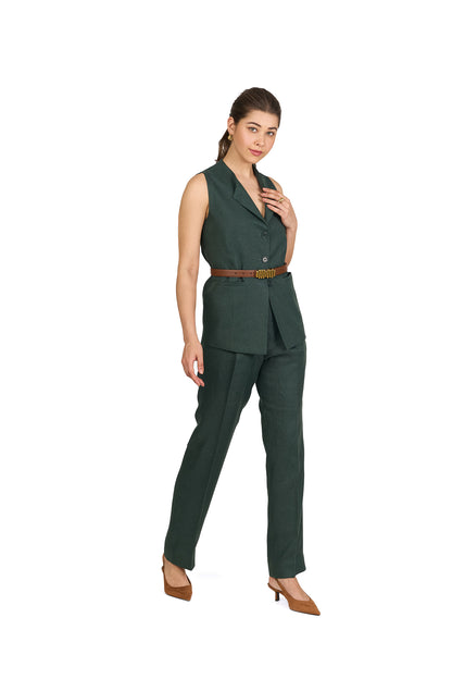 Forest Green Sleeveless Turned Lapel Linen Co ord Set