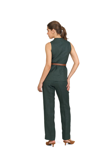 Forest Green High Waisted Straight Linen Trousers