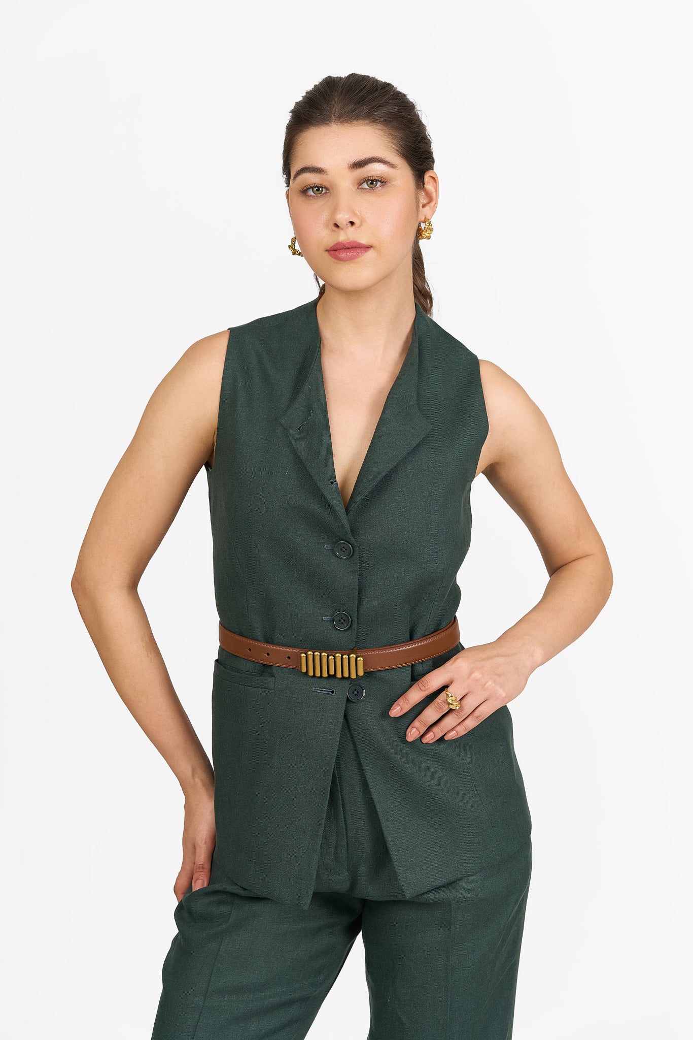 Forest Green Sleeveless Turned Lapel Linen Co ord Set