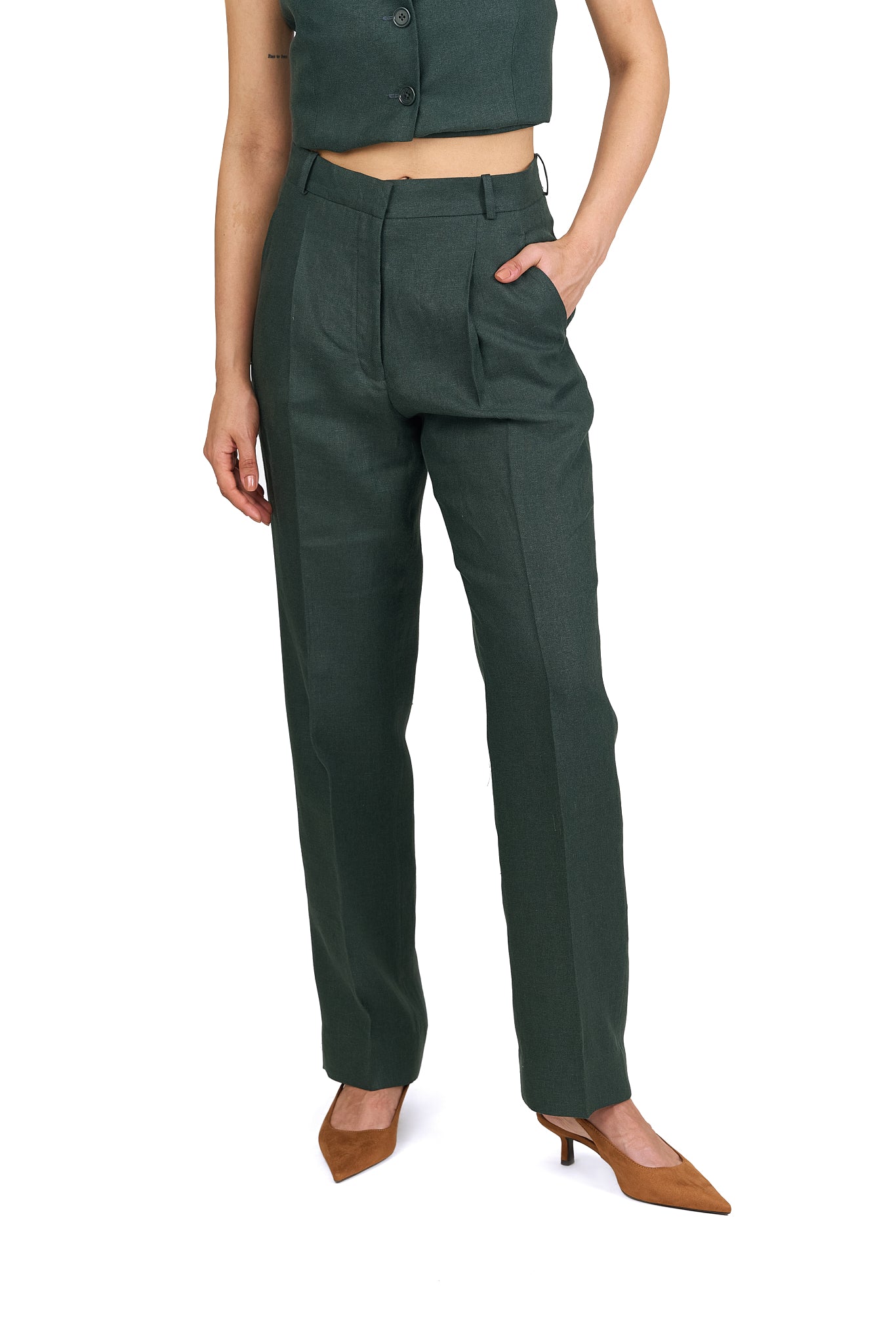 Forest Green High Waisted Straight Linen Trousers