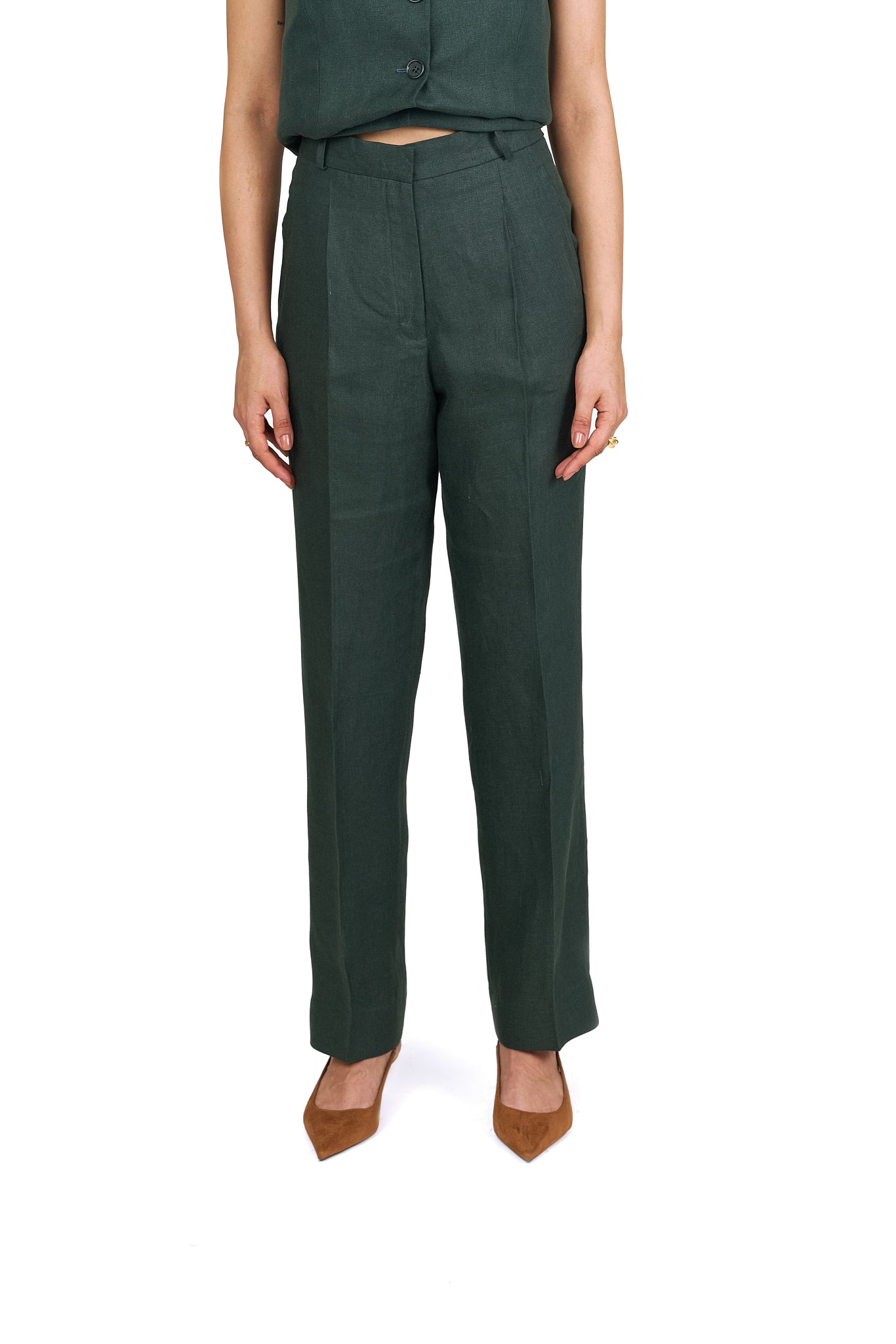 Forest Green High Waisted Straight Linen Trousers
