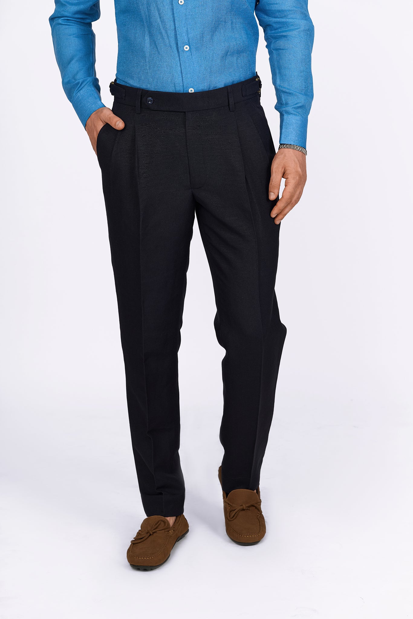 Midnight Blue Linen Pleated Trousers