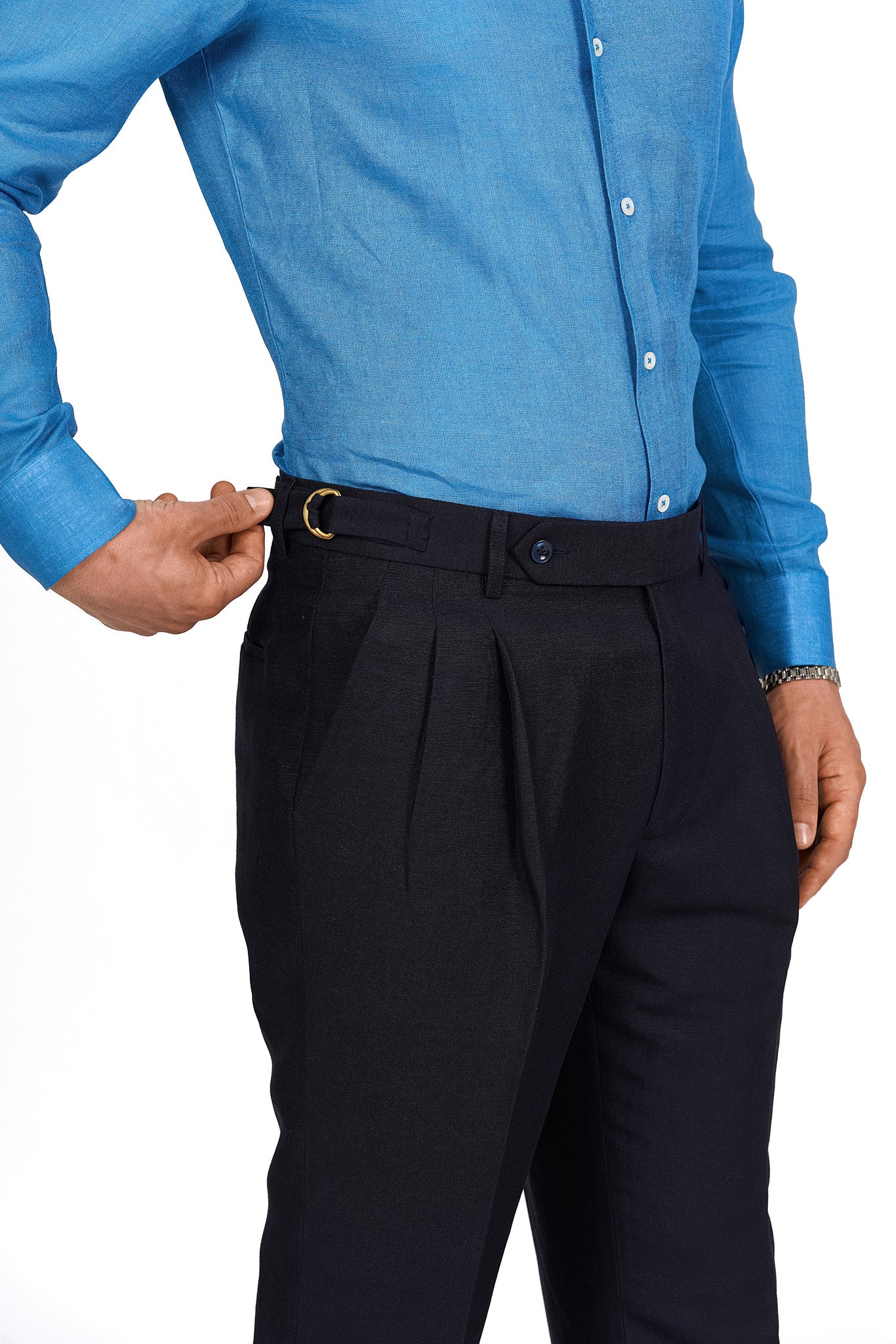 Midnight Blue Linen Pleated Trousers