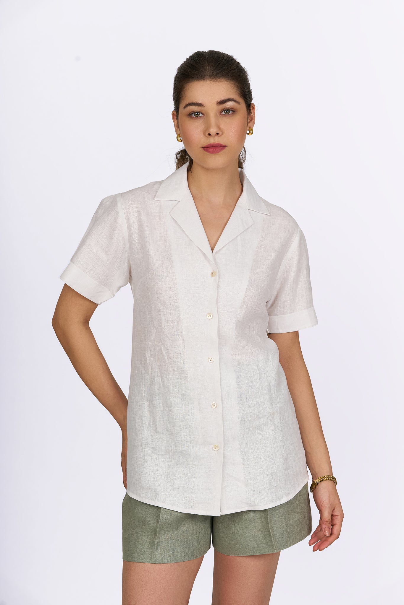 Pearl White Camp Collar Linen Shirt