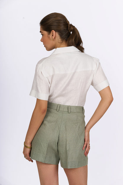 Sage Green Pleated Linen Shorts
