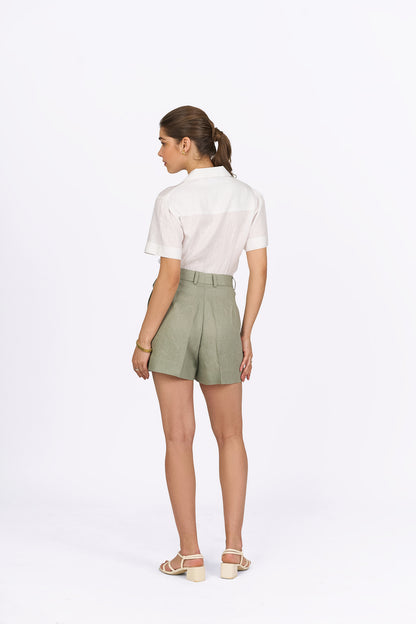 Sage Green Pleated Linen Shorts