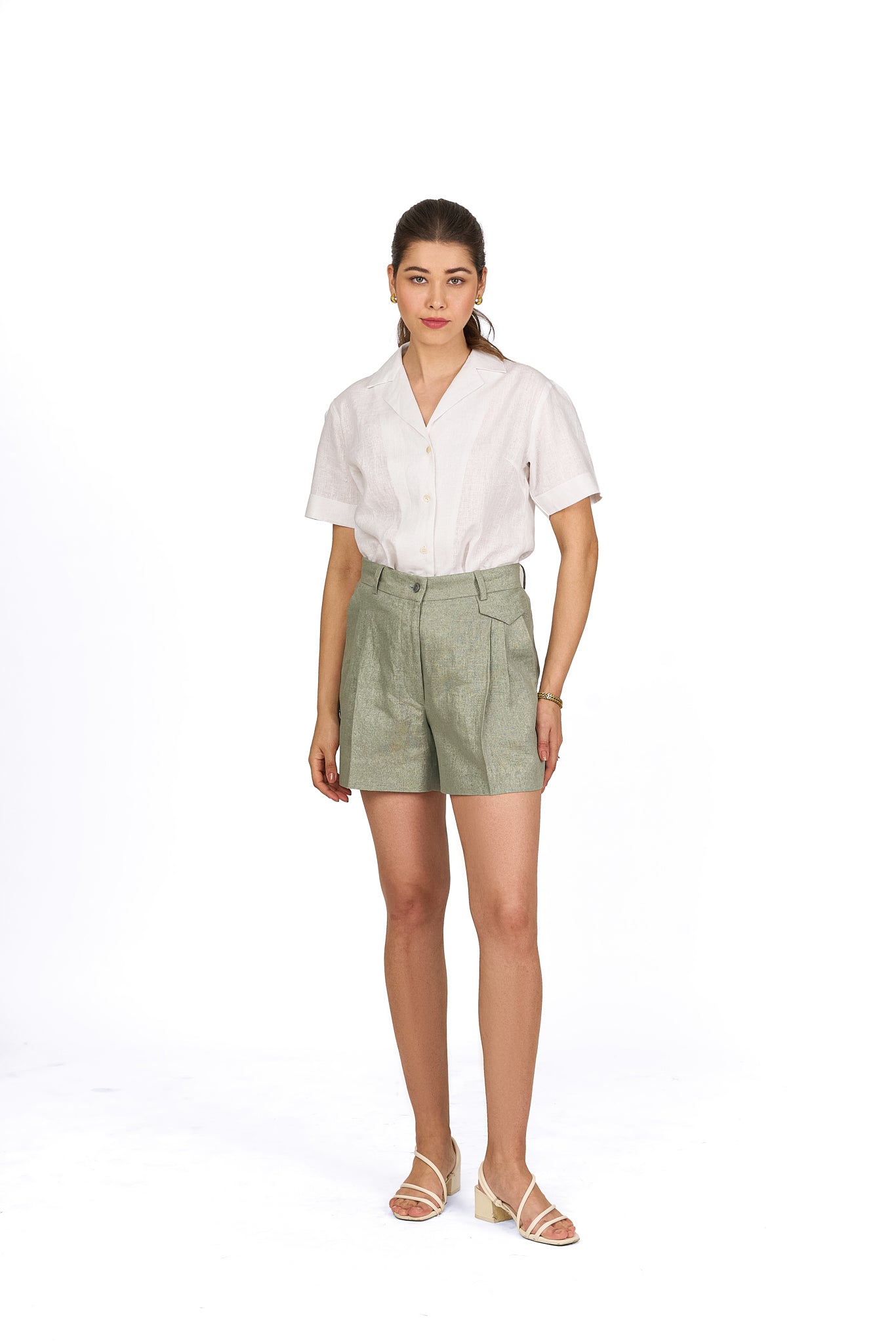 Sage Green Pleated Linen Shorts