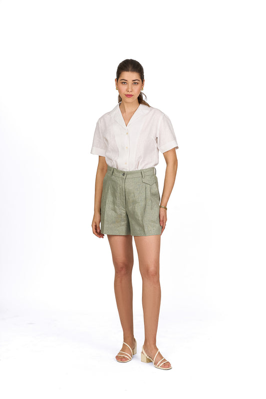 Sage Green Pleated Linen Shorts