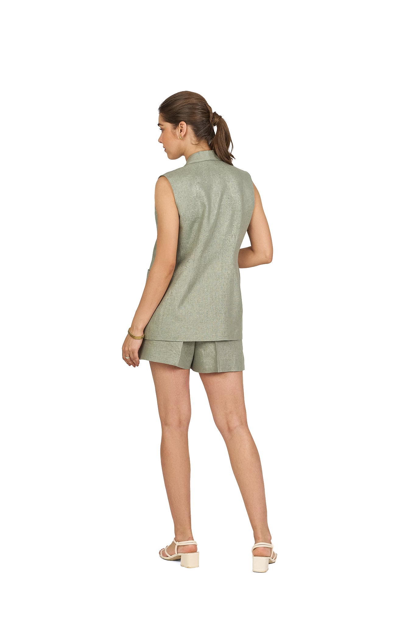 Sage Green Shawl Lapel Linen Vest