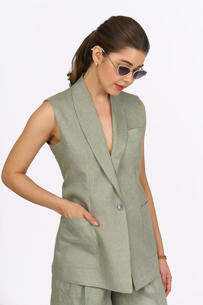 Sage Green Shawl Lapel Linen Vest