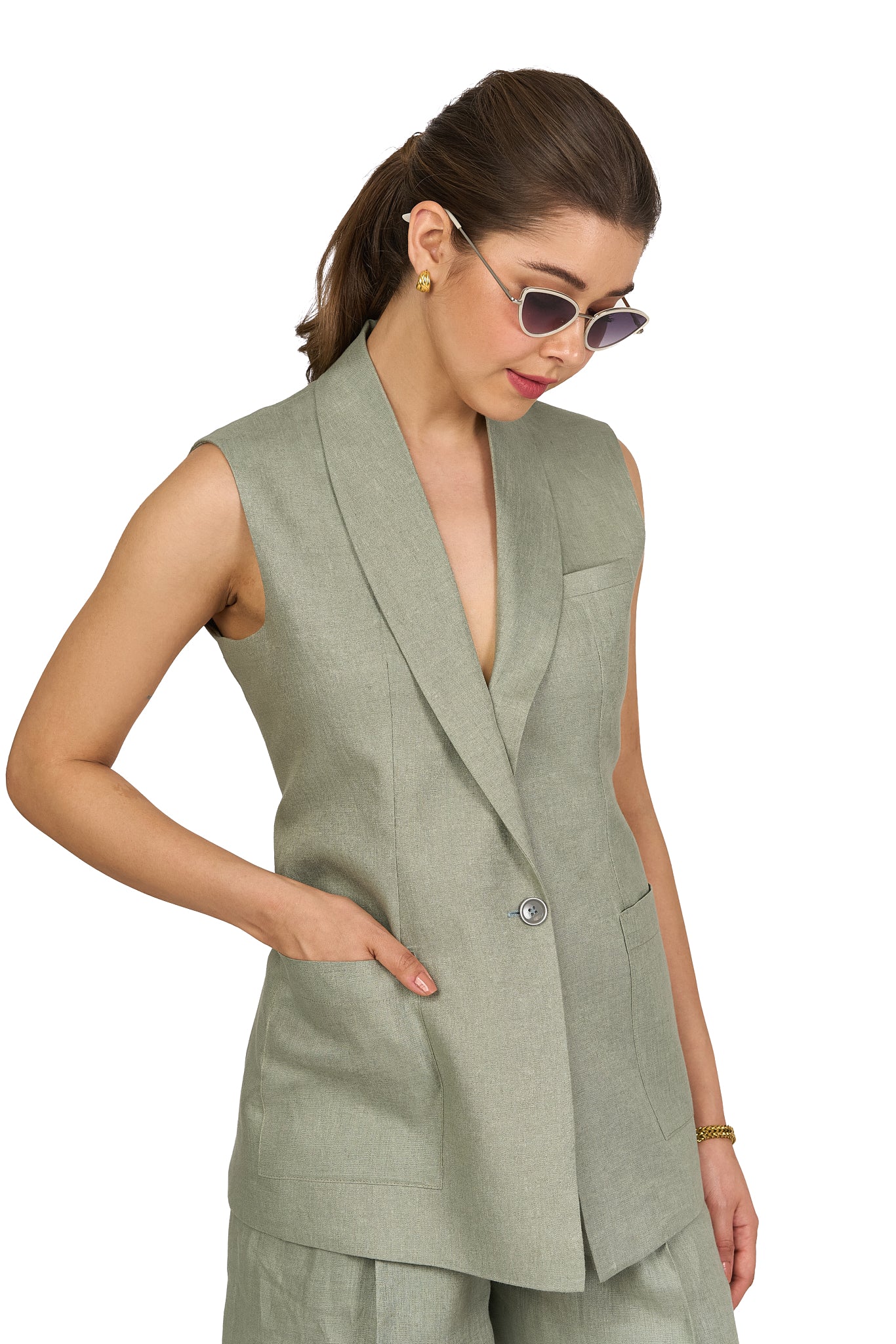 Sage Green Shawl Lapel Linen Vest