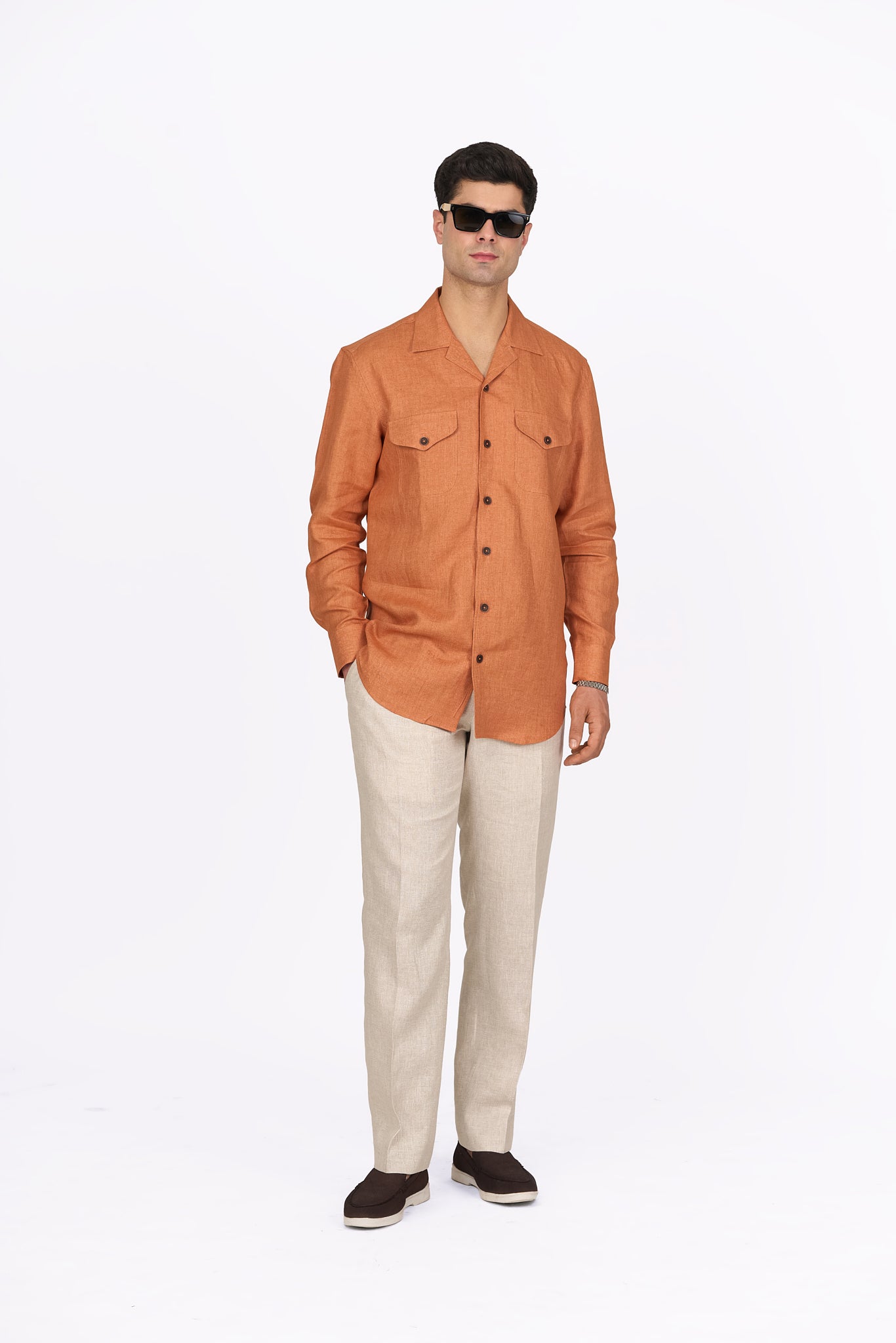 Tangerine Linen Camp Collar Shirt