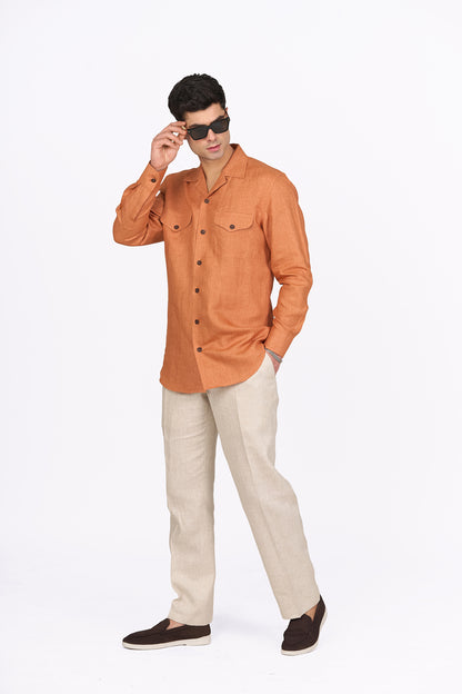 Tangerine Linen Camp Collar Shirt