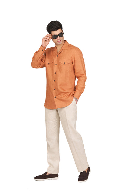 Tangerine Linen Camp Collar Shirt