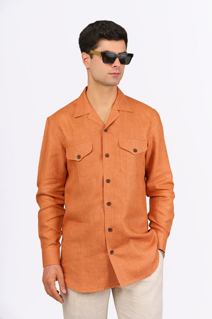 Tangerine Linen Camp Collar Shirt