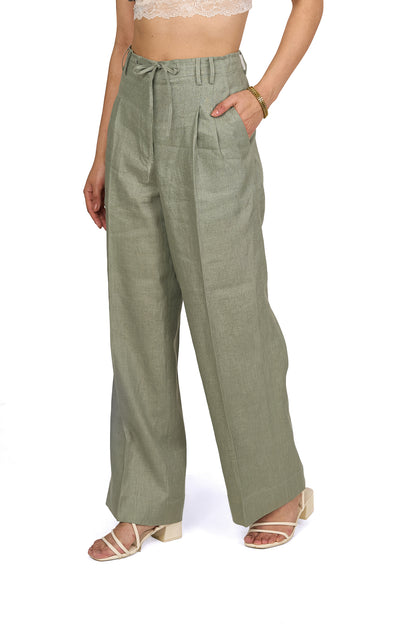 Sage Green Pleated Linen Trousers