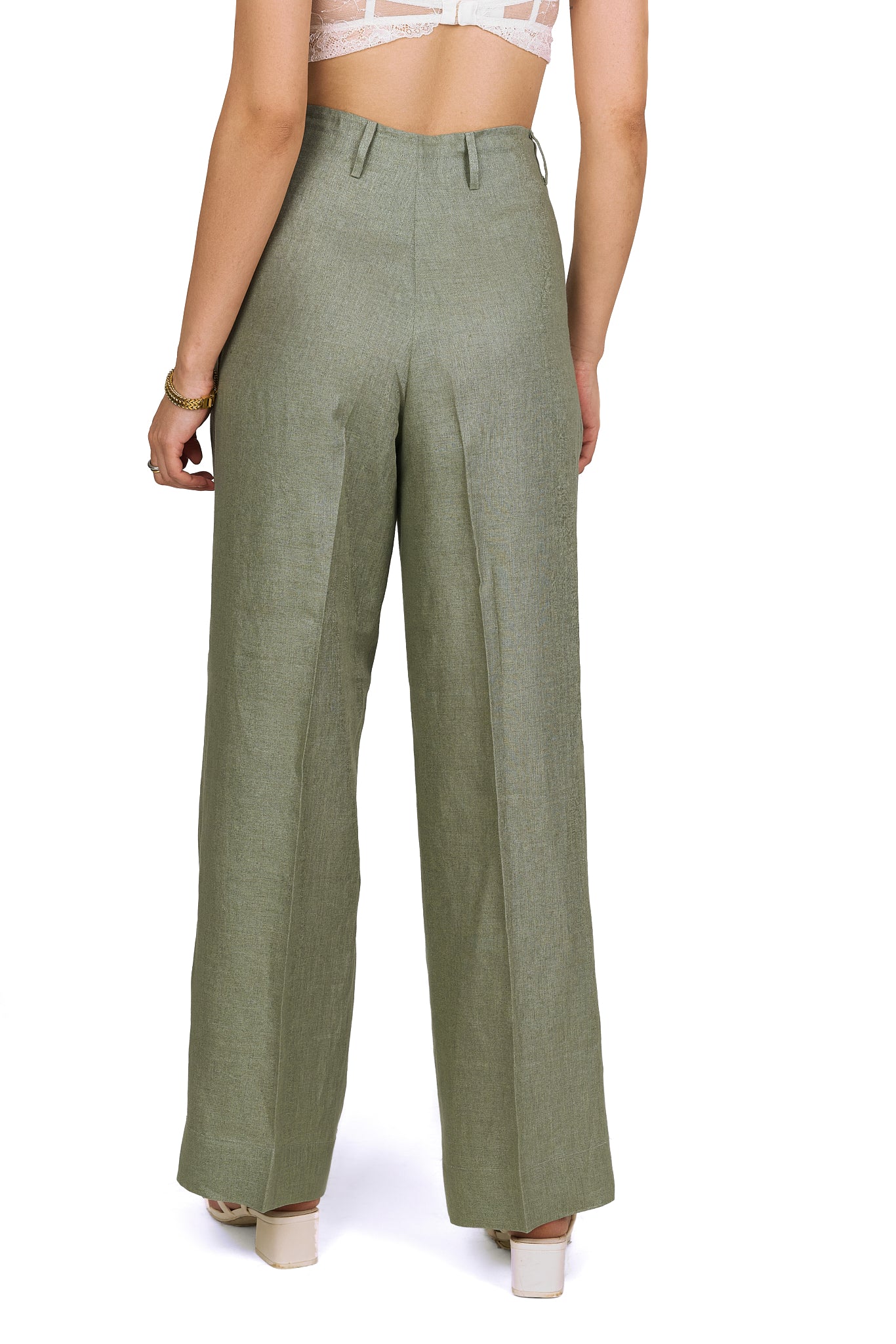 Sage Green Pleated Linen Trousers